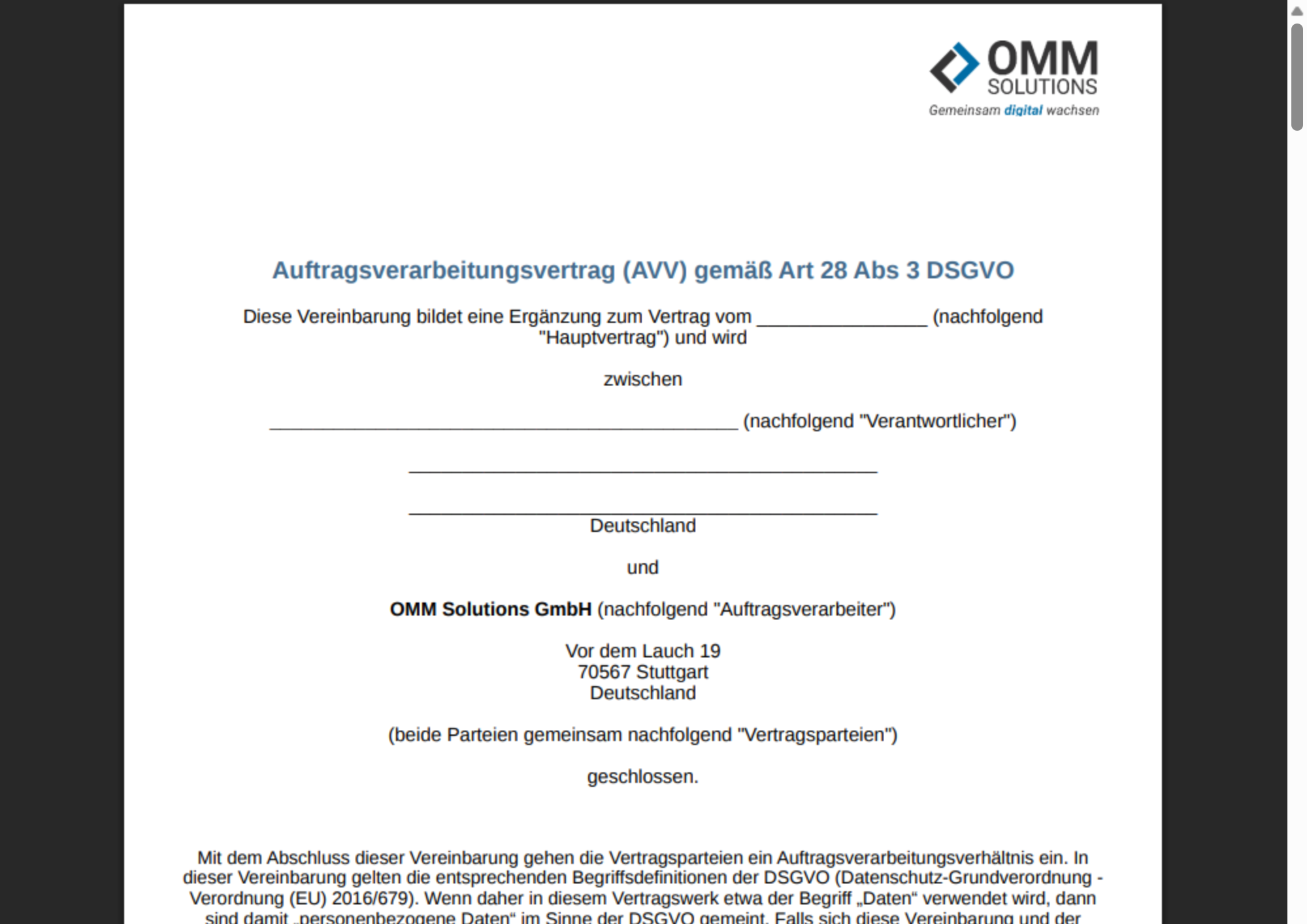 Vorschau: Auftragsverarbeitungsvertrag (AVV)